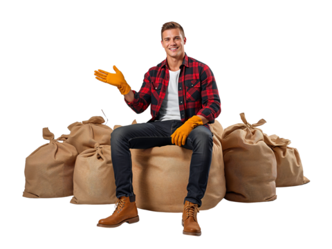 Confident gardener sitting atop burlap sacks against a solid transparent setting ready to work