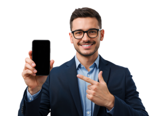 Enthusiastic professional presenting modern smartphone with isolated transparent area for seamless