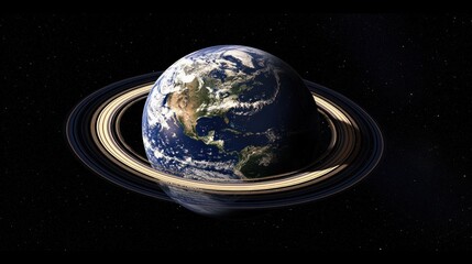 The Earth, a blue planet with green continents, is depicted with a ring of rings around it, resembling the rings of Saturn. The Earth is positioned in space against a starry backdrop.