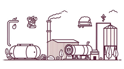 Biomass Energy Icons. Line style icons of Biomass Energy Facilities: biomass boiler, feedstock hopper, steam turbine, ash silo,