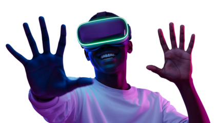 Immersive virtual reality experience displayed by an individual with neon-lit headset on a clean