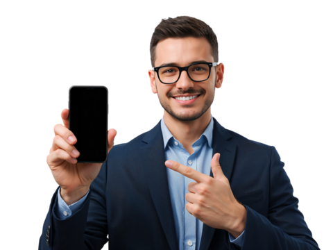 Enthusiastic professional presenting modern smartphone with isolated transparent area for seamless