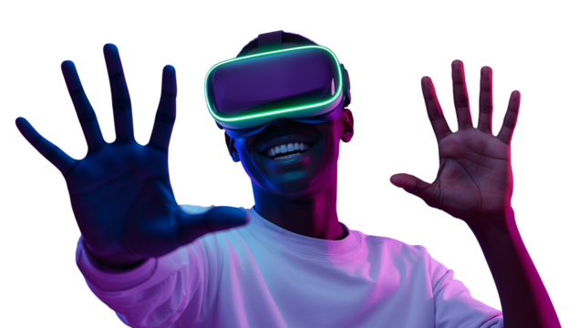 Immersive virtual reality experience displayed by an individual with neon-lit headset on a clean