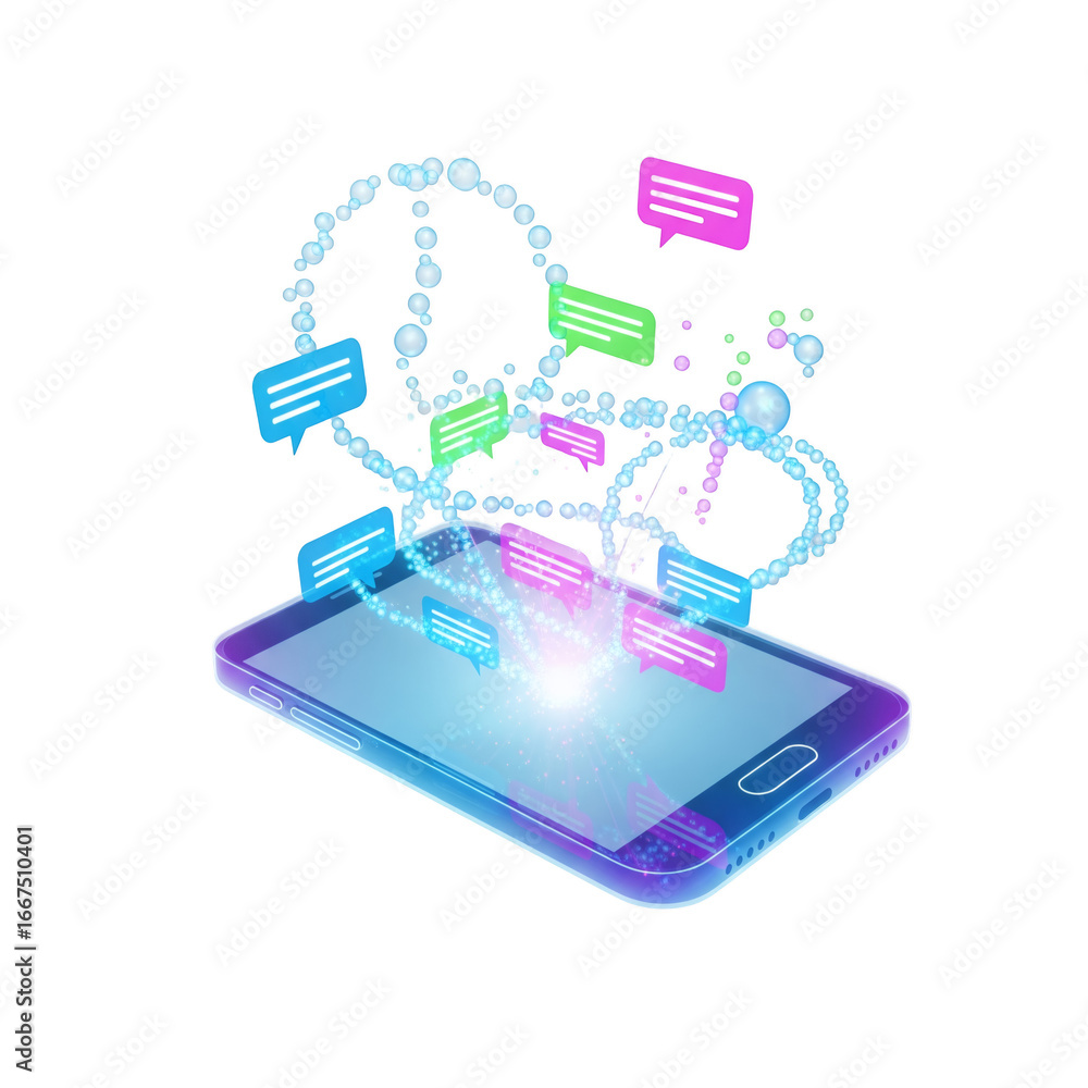 Poster isometric smartphone floating message bubbles on black background with glowing effect