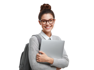 Cheerful student with laptop on transparent background radiating academic confidence and optimism