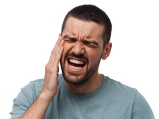 Man expressing intense facial agony with hand pressed against temple isolated transparent background