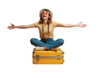 Excited woman with open arms sitting on a yellow suitcase ready for adventure isolated