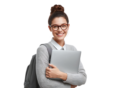 Cheerful student with laptop on transparent background radiating academic confidence and optimism