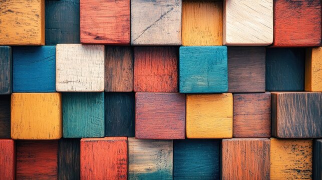 A colorful mosaic of wooden blocks arranged in a grid pattern.