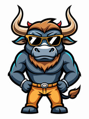 colorful illustration of a cartoon bull mascot, isolated on white background, suitable for logo, mascot, branding, game character, and etc