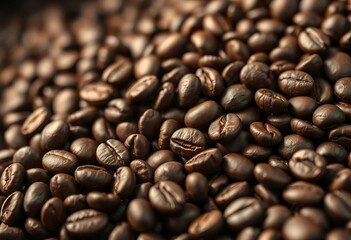 Dark roasted coffee beans close-up, rich aroma, brown tones, rich