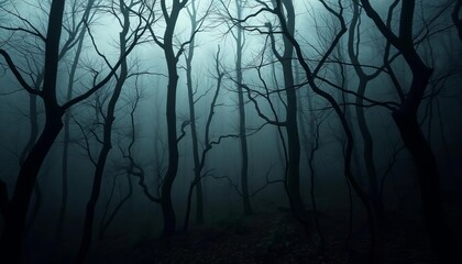 Obraz premium Dark, shadowy forest with gnarled trees and mist, gothic, winter