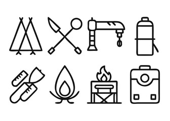 Collection of outdoor adventure symbols for camping and exploration with adjustable line weight and color options