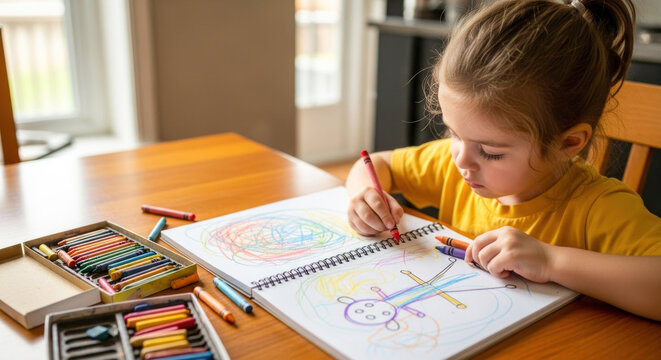 A young girl drawing with crayons at a table.