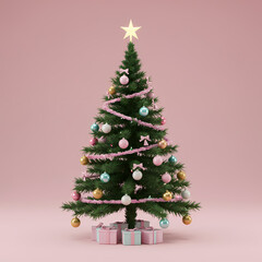 Fototapeta premium Elegant Christmas Tree Adorned with Pastel Ornaments and Gifts on a Soft Pink Backdrop
