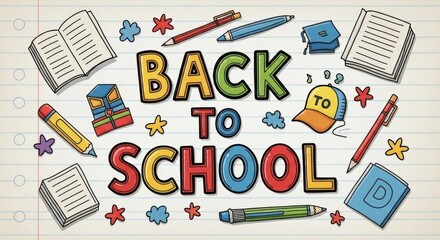 A colorful drawing of a school-themed background with various school supplies and objects.