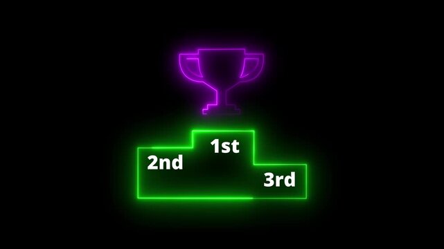 Neon pink and green line winner podium with 1st, 2nd, and 3rd place icon animation with pink color on a black background pedestal appearance 4k motion design animation for web.