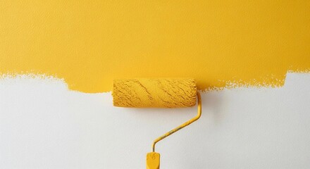 Obraz premium High-resolution close-up of a wall being painted with smooth yellow paint, roller brush applying even strokes across textured surface