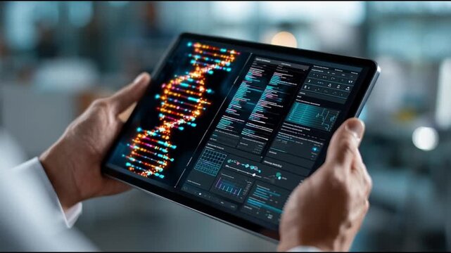 Longevity science aging. Genetics senescence health. Biotechnology wellness. A person holding a tablet displaying DNA data visualizations.