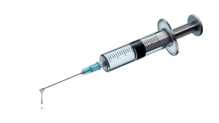 Medical syringe with needle and drop isolated on transparent background