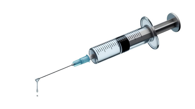Medical syringe with needle and drop isolated on transparent background
