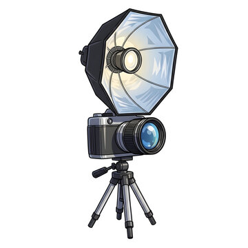 Modern camera with octobox, studio lighting equipment for professional photographers and videographers