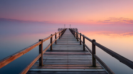 Obraz premium Serene wooden pier stretching into calm sea at dawn with pastel sky