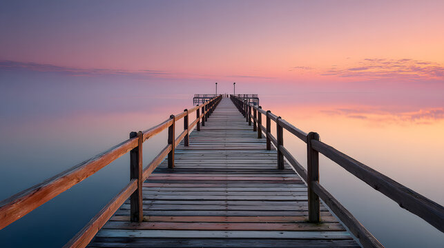 Serene wooden pier stretching into calm sea at dawn with pastel sky - Powered by Adobe