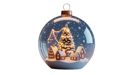 Christmas tree and village inside a snow globe isolated on transparent background