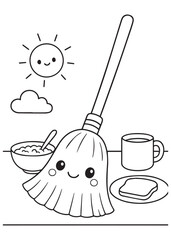 coloring book broom with breakfast set, kawaii cute design