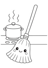coloring book broom with cooking pot and steam, kawaii style