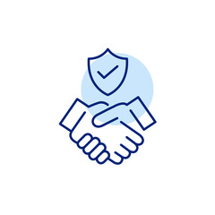 Trusted agreement, verified partnership. Handshake, shield and checkmark. Pixel perfect, editable stroke vector icon