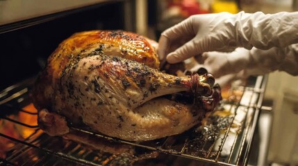 Perfectly Roasted Golden Turkey in Oven, Gloved Hands Preparing Holiday Meal