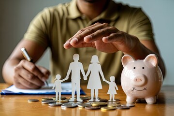 Family safety and financial security concept hands protecting paper figures and piggy bank with coins
