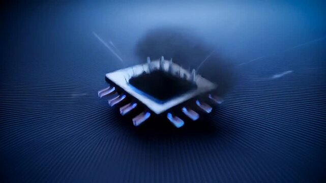 An isometric view of a vector SMD MOSFET centrally positioned on a sleek, high-tech PCB video
