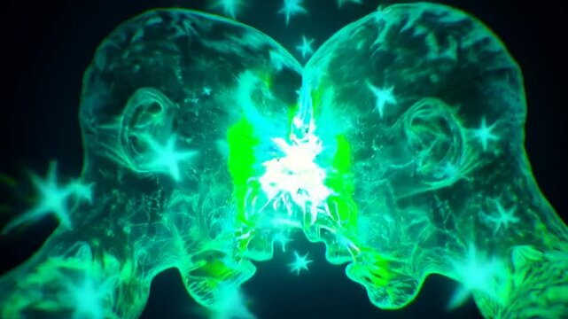 A translucent humanoid face, emerald green with organic and electronic textures, stands before its reflection. A faint, subtle beam of light emerges from its forehead and cheeks animation 3D art