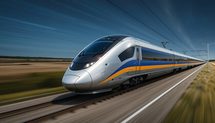 Fototapeta premium High speed modern train traveling swiftly on open railway tracks across flat landscape under clear