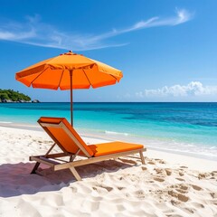Idyllic beach scene with an orange parasol and a recliner on a sandy beach, ideal for summer getaway imagery and coastal living themes.