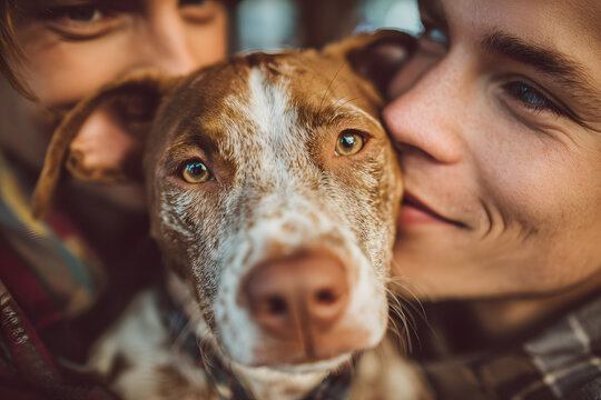 Close up of happy gay couple with dog adopted at anial shelter - Portrait of yung man with pet while kising his husband