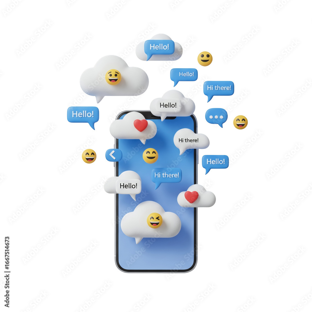 Poster smartphone with floating cloud message bubbles and emoji icons representing online communication