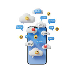 Smartphone with Floating Cloud Message Bubbles and Emoji Icons Representing Online Communication
