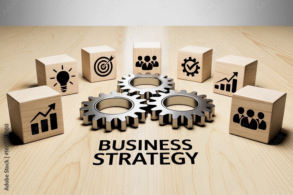 Poster abstract 3d rendering of business strategy with gears and cubes symbolizing growth