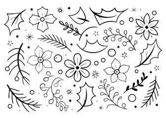 Charming hand drawn botanical illustrations featuring festive plant leaves and delicate flowers in a unique artistic collection