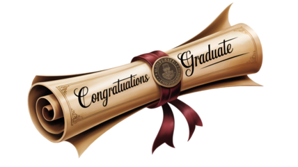 A congratulatory graduation scroll with a seal isolated on transparent background