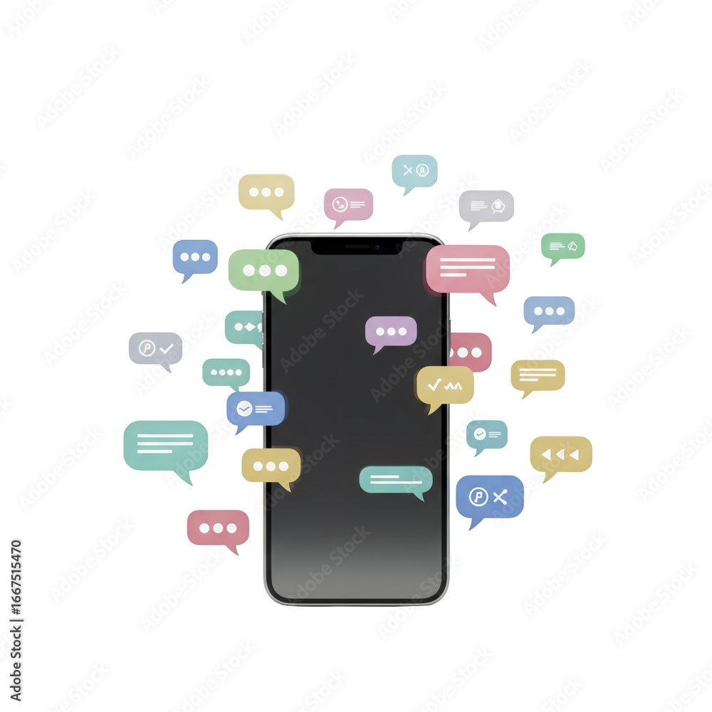 Poster smartphone surrounded by colorful speech bubbles floating on a transparent background