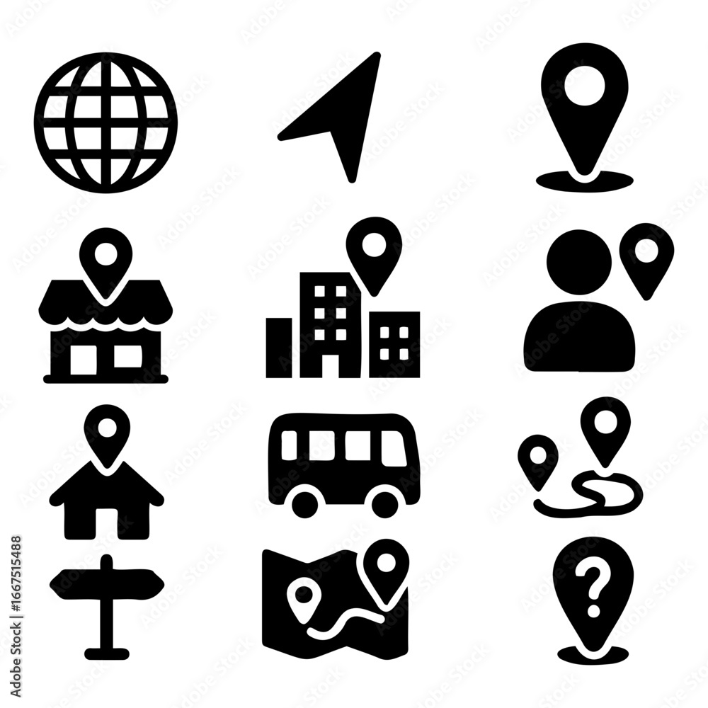 Aufkleber collection of black location icons including globe map pointer and transportation on transparent bac