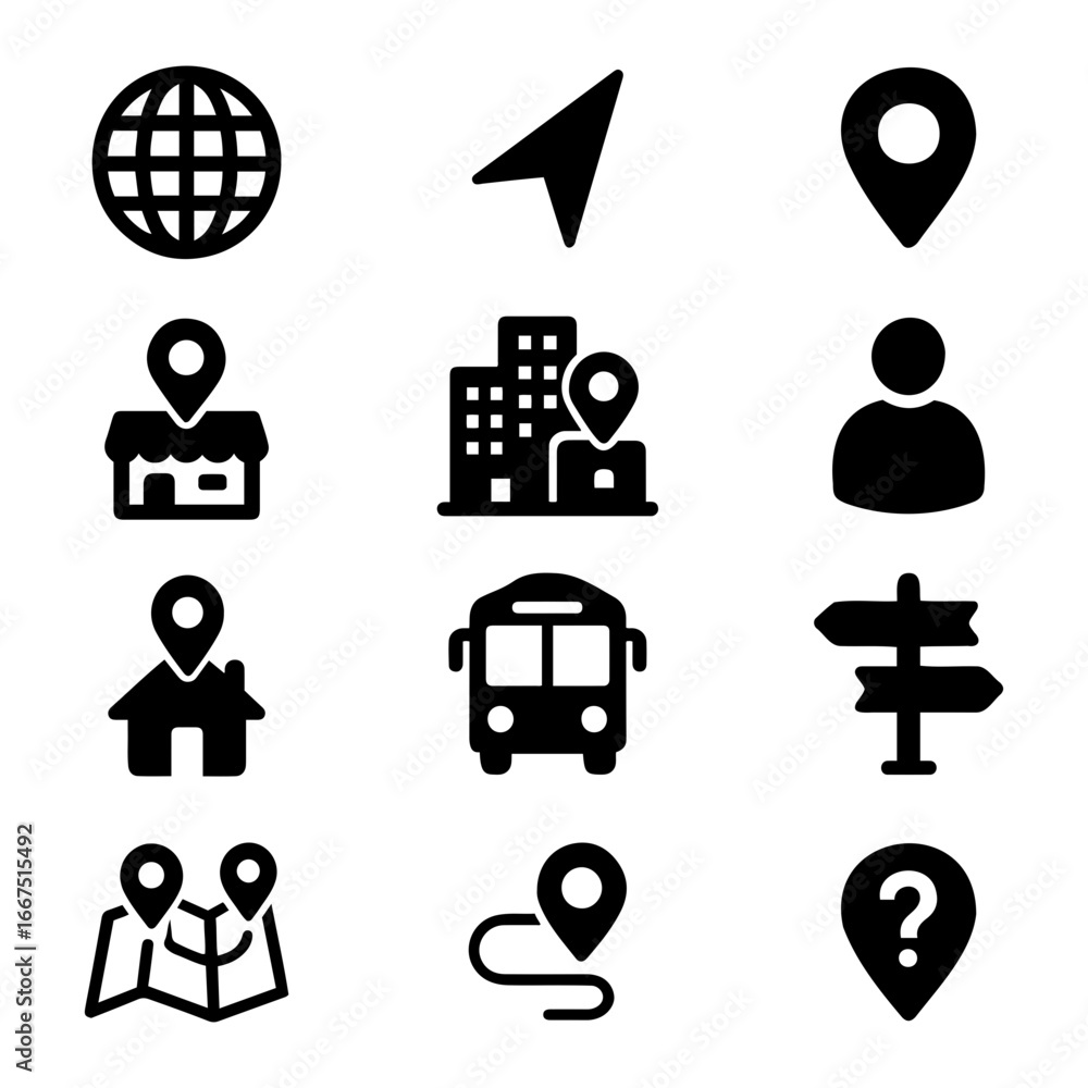 Aufkleber collection of location and navigation icons including globe map and transport on transparent backgro