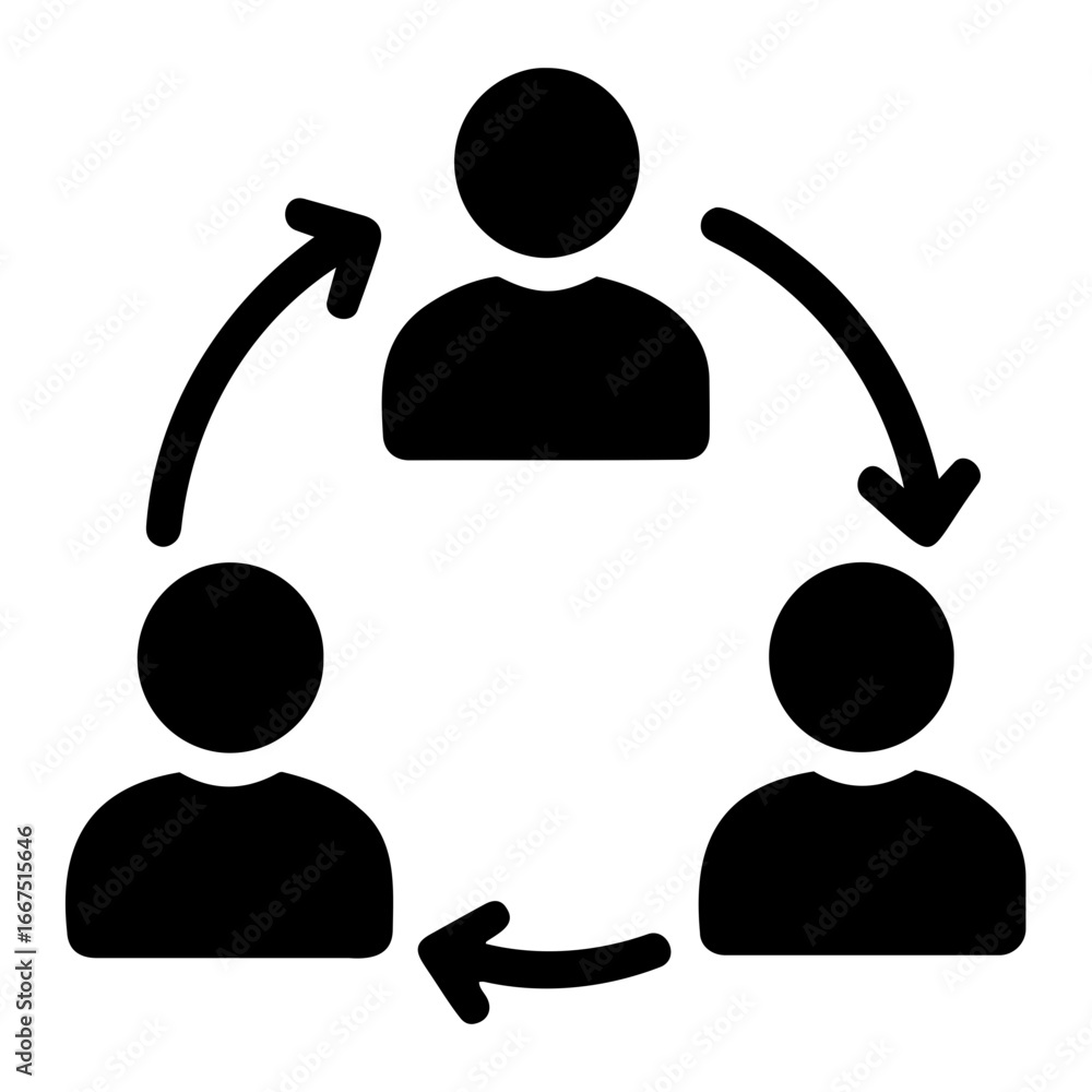 Poster three people connected with arrows depicting a circular flow or collaboration on transparent backgro