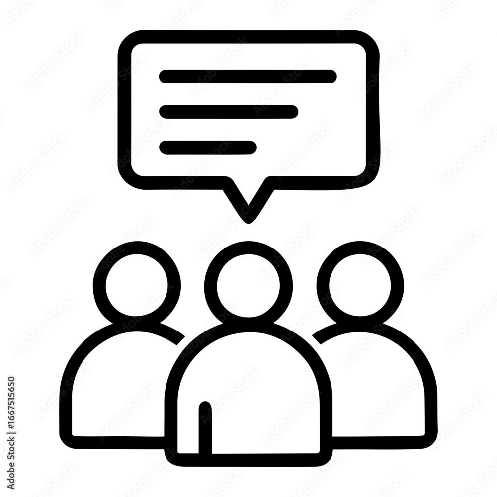 Poster three people under a speech bubble with horizontal lines in a simple outline style on transparent ba