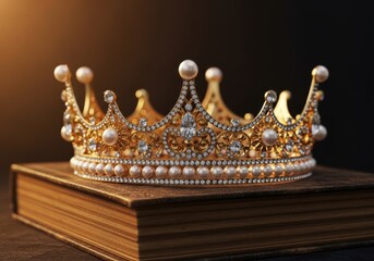 Elegant golden crown adorned with pearls and gems resting on a vintage book, symbolizing royalty and luxury